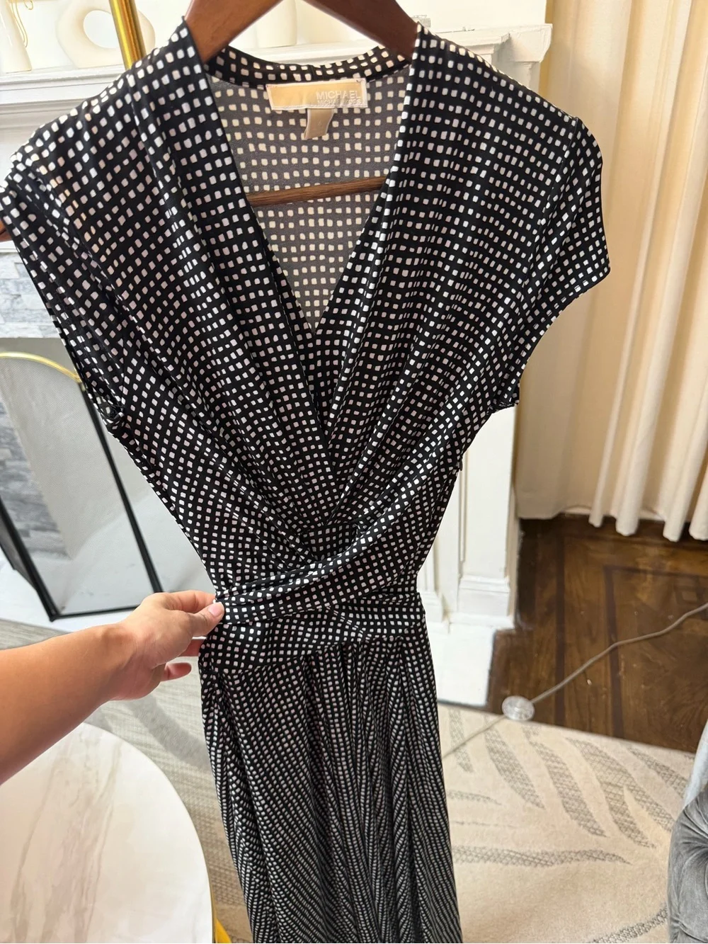 Michael Kors Black and White Dotted Wrap Midi Dress